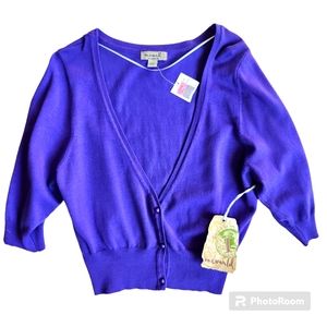 One World, NWT, Live & Let Live Purple Button Crop Cardigan  L